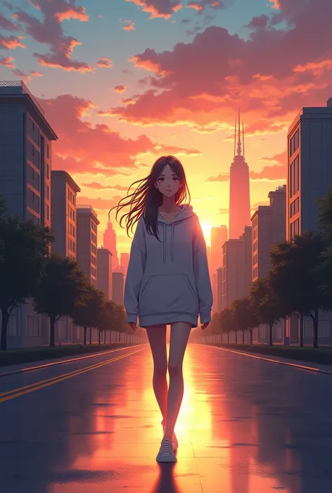 Created exquisite illustrations reminiscent of Makoto Shinkai&#39;s style, Features extremely fine detail and top quality. Angelic, Detail of a woman walking, Woman in hoodie,  The city&#39;s most expensive bill, road, sunrise, horizon, Skyline, In the sky...