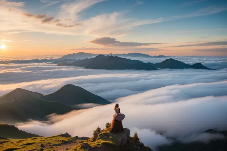 (realistic:1.3), RAW photos, (Nature landscape photography), (Majestic Mountain々The highest point of, Sea of clouds), (On top of a very large mountain), (sunset), (A woman dressed provocatively),