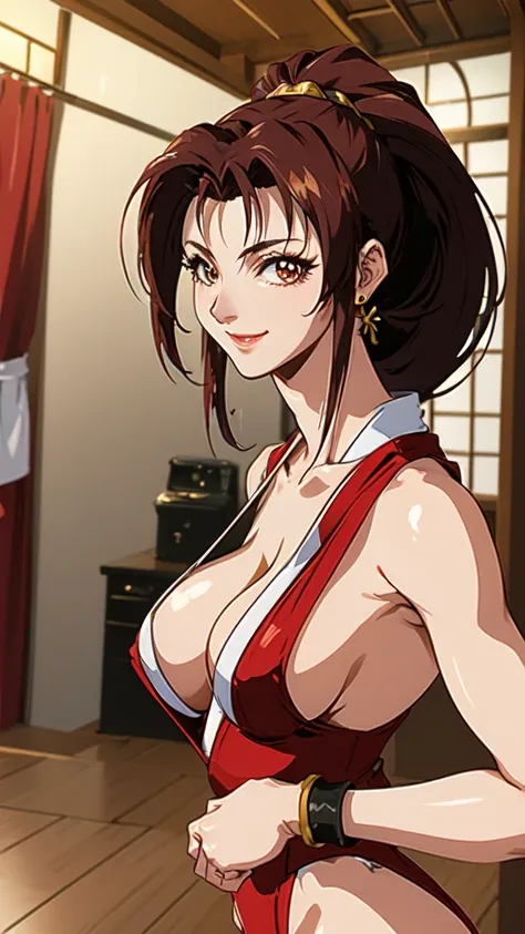 ((mai shiranui,ponytail,background is a japanese-style room in a japanese house:1.3)),upper body, looking at the audience,slim a...