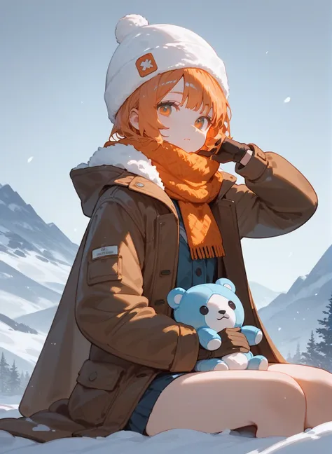 1 person，sit，Creamy white short hair，Bangs，Plain blue plush hat，scarf，Coat，Snow Mountain，Gloves，Light orange，Movie lighting