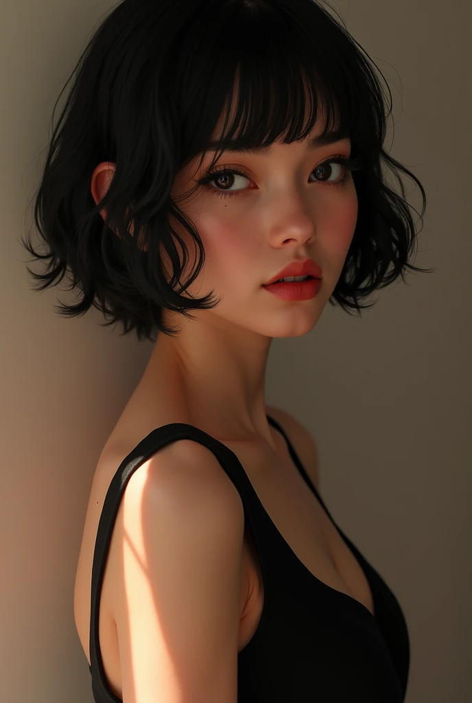 a beautiful girl. short black hair. wearing a sexy formal dress