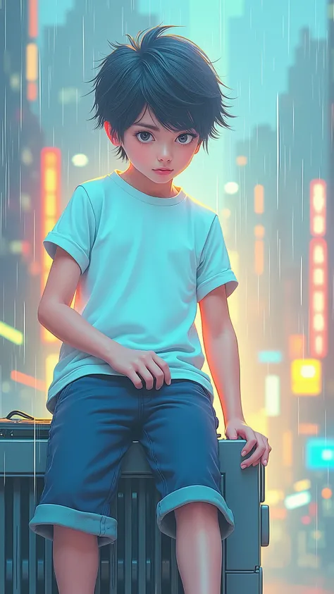 a handsome boy, beautiful detailed eyes, beautiful detailed lips, extremely detailed face and hair, realistic, cyberpunk setting, urban city background, neon lights, rainy atmosphere, dynamic pose, raytracing, 8k, ultra-detailed, high quality, cinematic li...