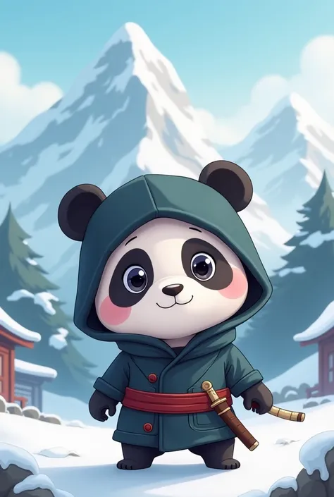 A ninja  cute animatin panda with hat and shenel and nife with in mountain with snow 