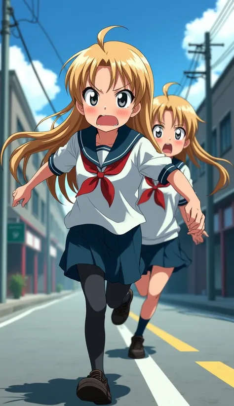 1 boy looking scared, using japanese school clothes, runing from 1 girl using japanese school clothes with long blonde hair on a street, Alta resolução, Anime Style, Vista lateral, Anime, 