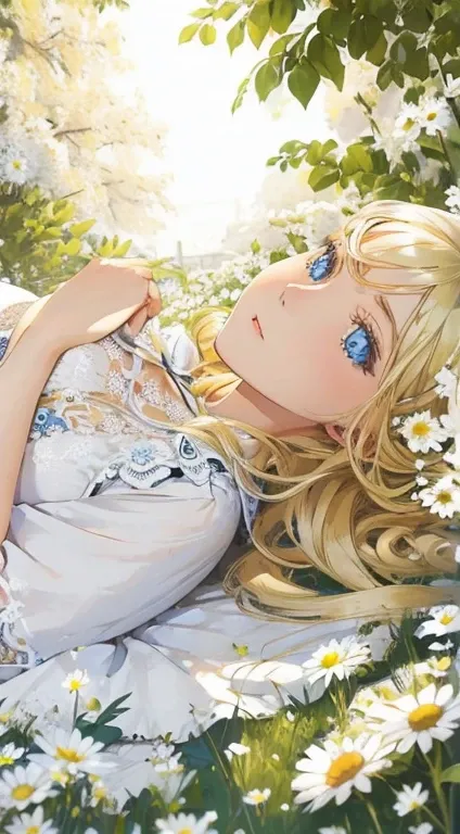 one girl,lying on your back in a flower garden,white flower,view your viewers,blue eyes,blonde,daisy,long hair,pure white dress,...