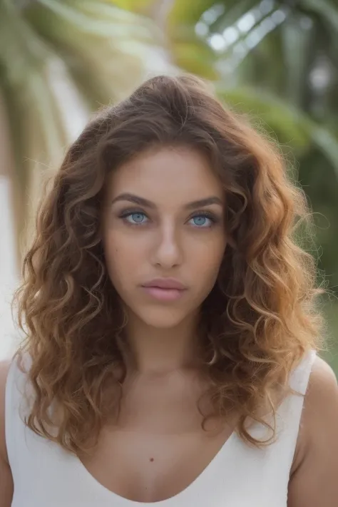 a high quality, hyper-realistic, 8k photograph of a beautiful young woman with striking green eyes, full lips, long curly hair, ...