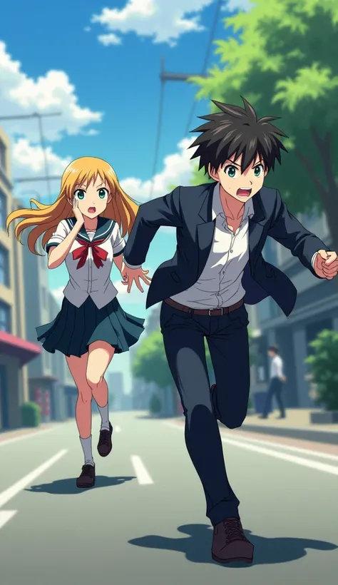 1 teenage boy looking scared, using male japanese school clothes, runing from 1 teenage girl using female japanese school clothes with long blonde hair on a street, Alta resolução, Anime Style, Vista lateral, Anime, 