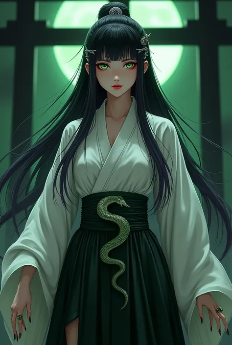 Long, straight, black hair with a purple gradation from the ends.。Center parted bangs。Silver hairpin in the shape of a chrysanthemum and a snake。Hair long enough to reach the ground。Snake-like eyes。Long, cool, deep green eyes。A bewitching snake-faced beaut...