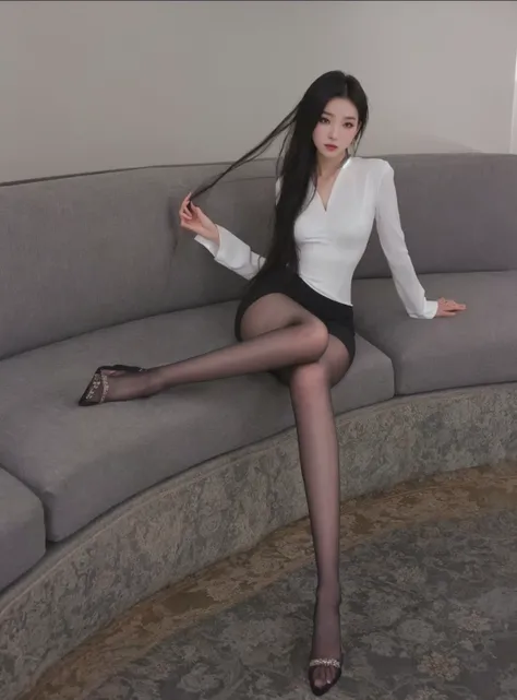 SFW, korean beauty model photo shoot, realistic, intricate details, masterpiece, top quality, Ultra A high resolution, 8k, A korean woman, heavy make up, beautiful, big earring, a seductive look, there is a woman sitting on a couch with her legs crossed, s...