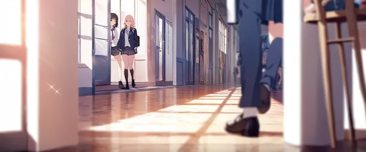 masterpiece,best quality,depth of field,8k, 2girls, female, standing, roaming, school,