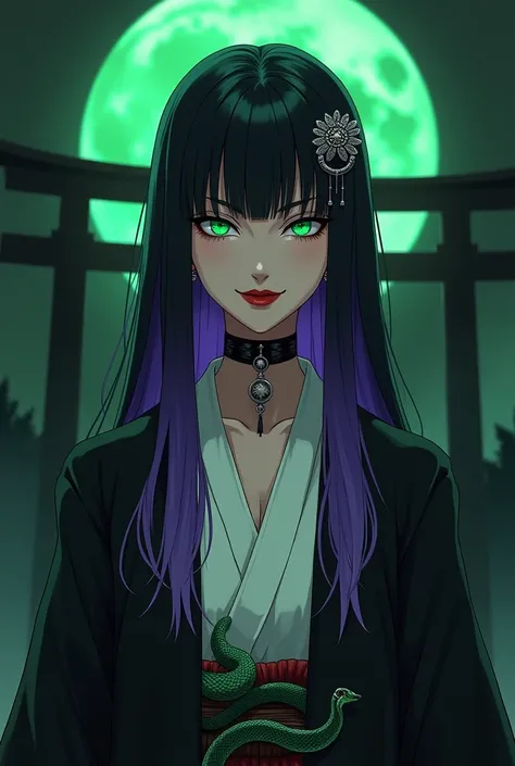 Long, straight, black hair with a purple gradation from the ends.。Center parted bangs。Silver hairpin in the shape of a chrysanthemum and a snake。Hair long enough to reach the ground。Snake-like eyes。Long, cool, deep green eyes。A bewitching snake-faced beaut...