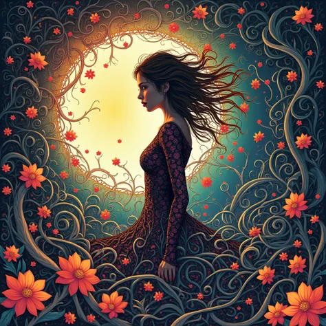 official art, unity 8k wallpaper, ultra detailed, beautiful and aesthetic, masterpiece, best quality, (zentangle, mandala, tangle, entangle), (fractal art:1.3) , 1girl, red flowers,  extremely detailed, dynamic angle, cowboyshot, the most beautiful form of...