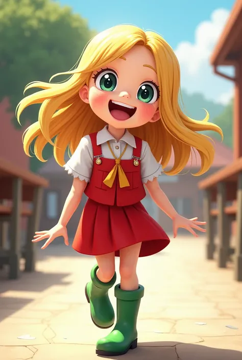 JOY EMOTION ANIMATED IN SCHOOL GIRL WITH FACIAL EXPRESSION AND BIG EYES BLONDE, GREEN BOOTS, Red and white