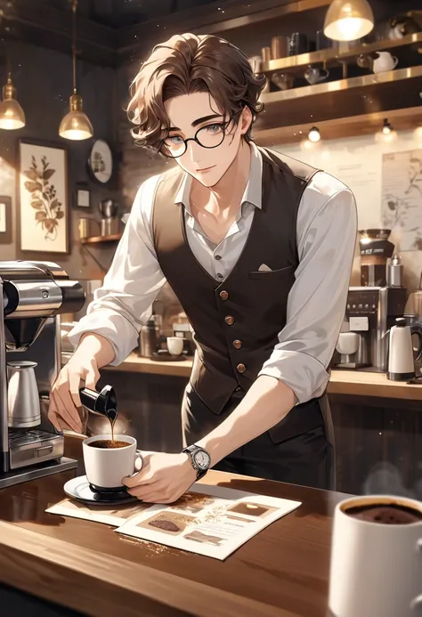 （Highest quality），（Exquisite details），（Maximum resolution），（Impeccably possible），（masterpiece）。
 
In the picture，An elegant barista standing behind the bar counter in a retro style cafe。He has short curly brown hair.，Hair is soft and shiny。His face is well...