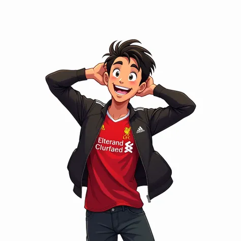 A handsome young man smiles Toriyama Akira style and gives a  making a minihardhand. He wore a red Liverpool shirt on the inside, a black Adidas jacket on the outside, with a white backgr salute while wearing a Liverpool shirt. standing in cartoon style il...