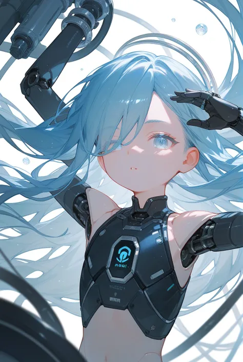 1 child，Grey extra long straight hair，Flowing hair，Bangs cover one eye，Squint your eyes，Petri dish，intubate，Robot，Glass head cover，Ward，barefoot，Close your eyes，Floating in the air，Mechanical ring