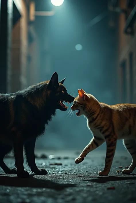 One cat and dog fighting on night 