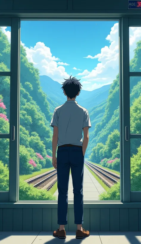 there is a realistic anime guy standing in front of a big window looking at the beautiful lush anime style traincstation view(full body view )(far angle view)(back pose) , synthwave aesthetic, lofi artstyle, lofi hip hop, lofi aesthetic, bright atmosphere,...