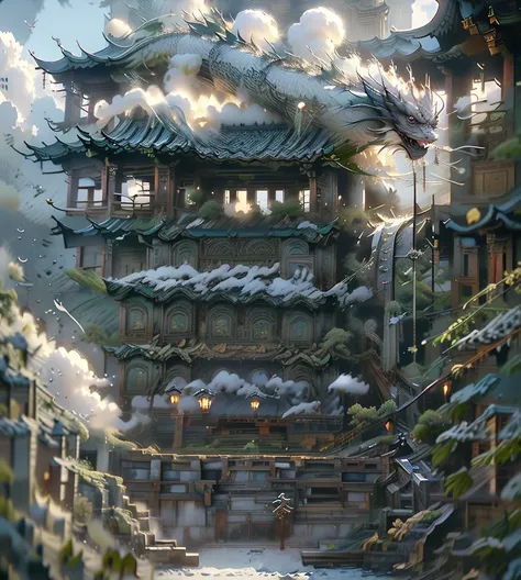 Beijing_Sacred_bEast,outdoor,trumpet,Sky,cloud,No_Humanity,bird,cloudy_Sky,landscape,staircase,fantasy,dragon,architecture,East_Asian_architecture,Eastern_dragon,movie lighting,strong contrast,high level of detail,best quality,masterpiece,