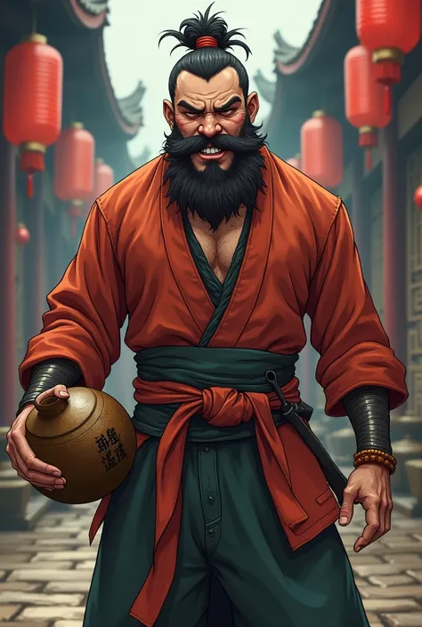 Drunken Chinese Martial artist Lean body, signs of fatigue and alcohol abuse, possibly sporting a scruffy beard or an unkempt appearance with a calabash with alcohol (Male) (anime style) (Gambler clothes) (Chinese fighter) (Drunken Master) (Funny Drunk Fac...