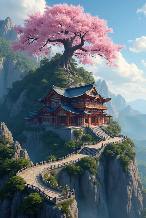 create a Japanese mansion on top of a mountain. At the back of the mansion is a huge sacred sakura tree..  