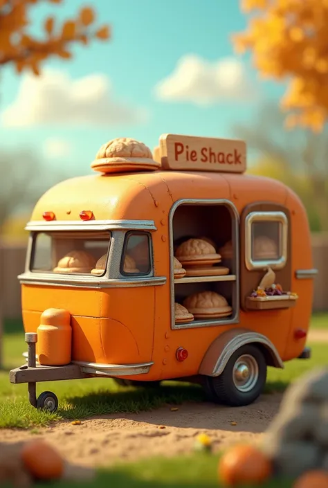 An orange mini trailer with several pies inside 