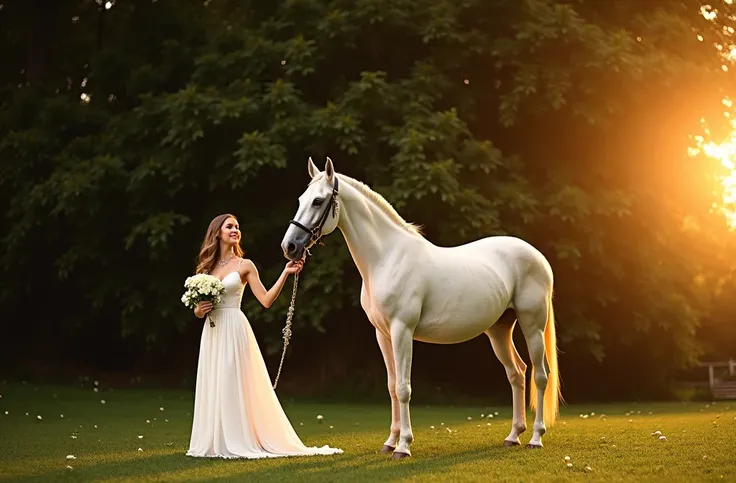 A woman in a flowing white gown stands gracefully on a lush green lawn, holding a bouquet of white flowers. She gently holds the reins of a majestic white horse beside her. Her long, wavy hair cascades past her shoulders, and she wears a delicate necklace....