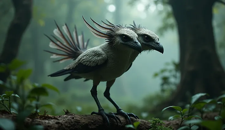 In the strange forest，There is a three-headed bird standing on a branch，Six legs and three wings on one body(best quality，4K，8k，High level，masterpiece：1.2），Ultra Detailed，（lifelike，Photo real，Photo real：1.37）(best quality，4K，8k，High level，masterpiece：1.2），...