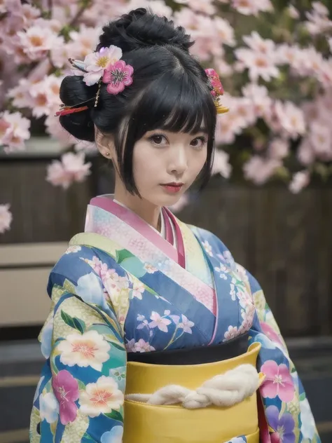 （8k、Raw foty、highest quallity、work of art：1.2),(Bblack hair、really short hair:1.9),Show Viewer,looking at front,erotic,白いSkinned,(She wears a kimono with a colorful floral pattern..:1.7)、(Clothes that emphasize the shape of your chest、publish a&#39;Skinned...