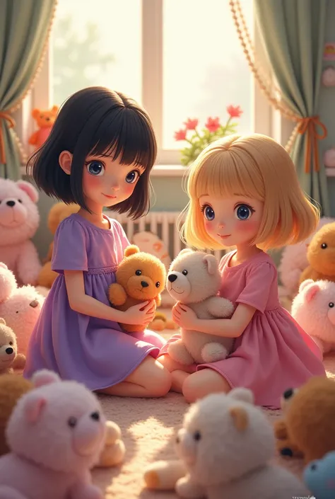 In a children&#39;s playroom with stuffed animals, Two  babies playing, one with black hair and bangs, very beautiful, dressed in a purple dress, and a girl with golden hair without bangs, Blue-eyed, with a pink dress 