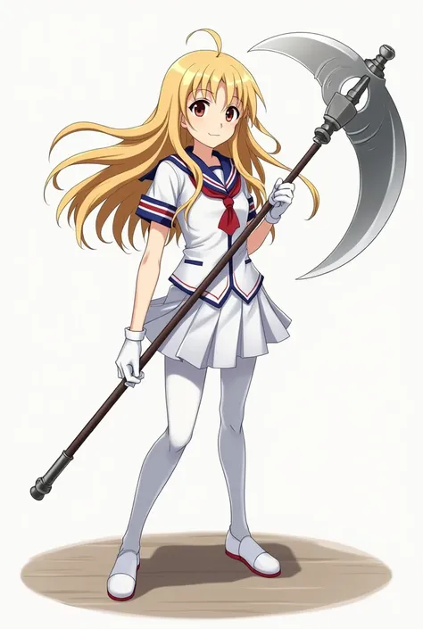 blonde long hair anime girl，White student uniform on board，Wearing a white pleated skirt，Put on white tights，Wear white gloves，Holding a huge sickle in his right hand