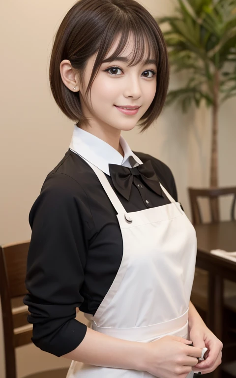 Cute 2 Japanese、apron、Black bow tie、Waiter、Cafe、Highly detailed face、Attention to detail、double eyelid、Beautiful thin nose、Sharp focus:1.2、beauty:1.4、(Light brown hair、short hair、)、Pure white skin、Highest quality、masterpiece、Ultra-high resolution、(Realisti...