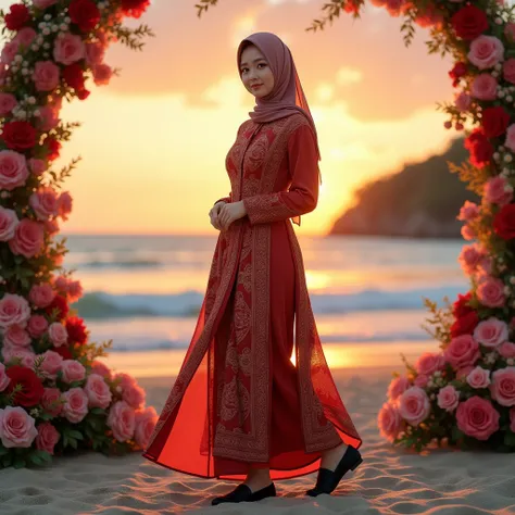 Fullbody photogenic showing photos of a beautiful Korean hijab woman , is posing smiling, very realistic, wearing a long red batik dress with brown patterns and intricate motifs, wearing black formal shoes with a background on the beach with the sound of w...