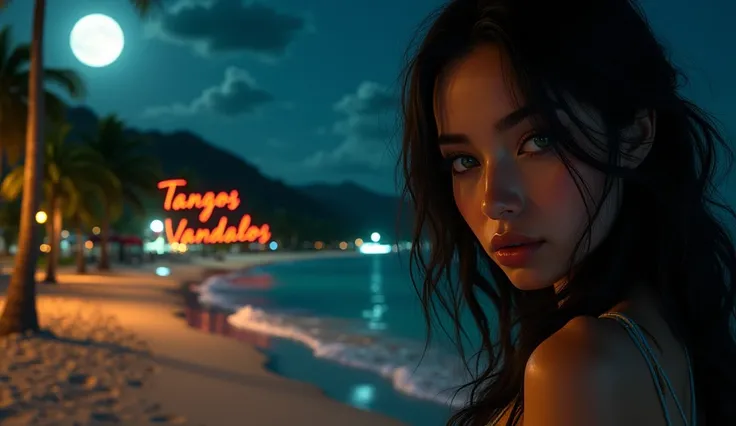 A night scene on the streets of a Jamaican city and beach, with the light of a large full moon over palm trees illuminating the beautiful face of an intellectual dark-haired woman with green eyes. background, a worn but visible neon sign that says &#39;Tan...