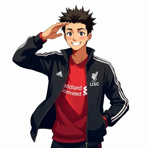 A handsome young man smiles Toriyama Akira style and gives a  making a minihard hand. He wore a red Liverpool shirt on the inside, a black Adidas jacket on the outside, with a white backgr salute while wearing a Liverpool shirt. standing in cartoon style i...