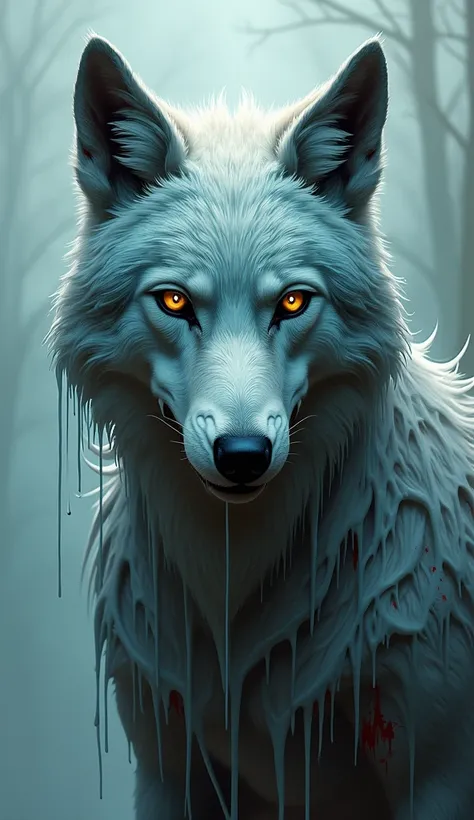 A fantastical digital painting depicts a haunting hybrid creature with the head of an anthropomorphic wolf, centered in the composition. The wolfs fur is predominantly light gray-blue with subtle blue-green tones, creating a textured and messy appearance. ...