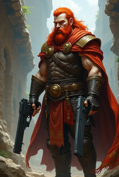 a beardless red-haired dwarf, in a D&D tabletop role-playing game, with a pair of modern pistols, wearing a cloak
