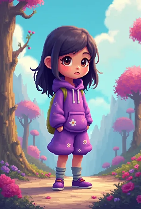 Video game character girl dressed in purple animated pixel smaller
