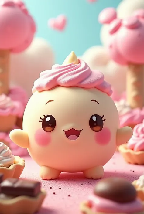 (A cute, Cartoon dessert characters，Has minimal human characteristics): Sweet and lively face, Round and shiny eyes, Cute little mouth, Soft and soft body, Extremely colorful，Vibrant appearance, adorable expression, The limbs are small and stout, Joy reson...