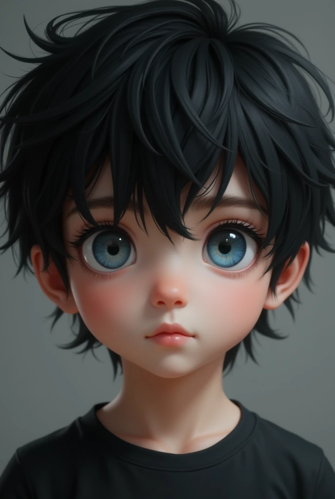 A  boy, with a blue eye, and he another grey, black hair, with a black shirt 