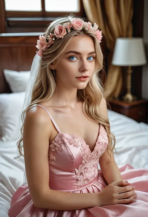 Realistic photo of the upper body of a blonde flower maiden aged 23 with long hair, beautiful face and ready to kiss. flower in hair, 项链, She looks at the camera in a long A-line dress with straps made of shiny pink satin..., hotel room ,Glamour photoshoot...