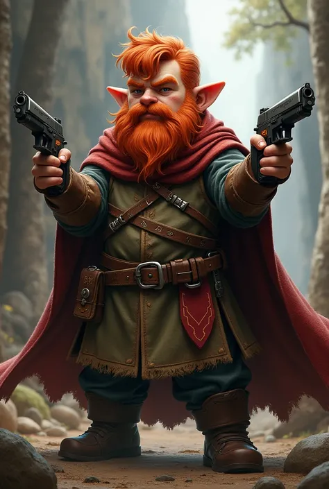 a beardless red-haired dwarf, in a D&D tabletop role-playing game, with a pair of modern pistols, wearing a cloak
