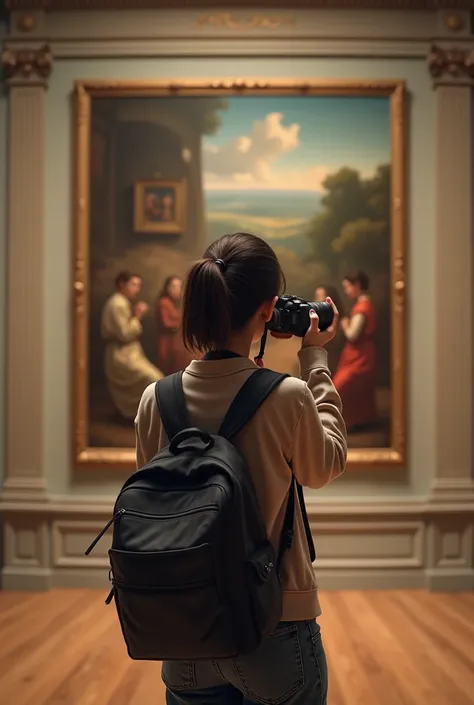 realistic teenage girl in a museum holdimg a camera taking a picture of a painting