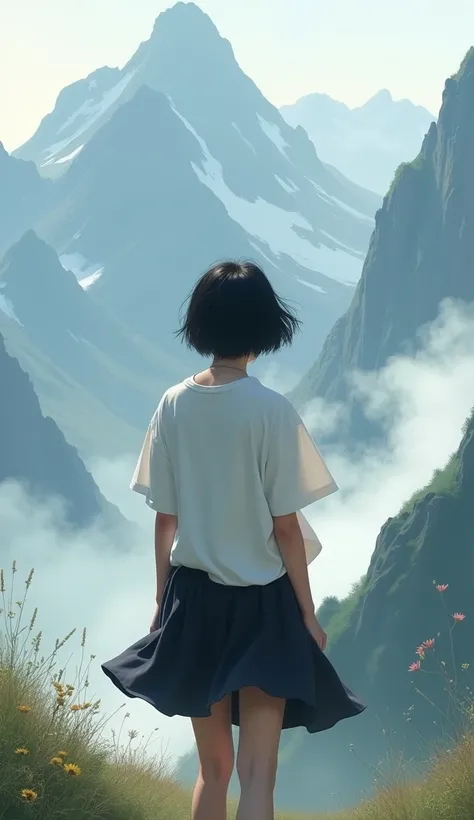 a Korean woman with short hair wearing a large white t-shirt, black short skirt, facing the back, mountains in the background