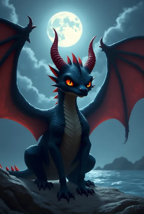 a grumpy female introvert night wing dragon with orange eyes and red horns