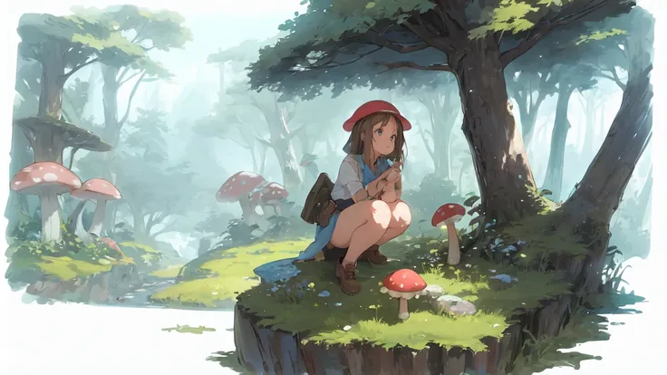 Adventure Fantasy, Picture books, anime, In the bright forest, Mushroom Forest, A girl squatting to pick mushrooms, A girl adventurer, Rich Nature, blue sky, Background image board,