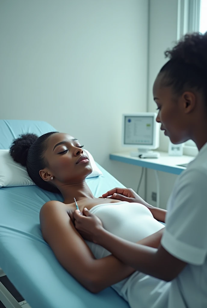 A picture of a dark-skinned woman who is not very white, about to get an injection on her arm, lying down in a clinic. 