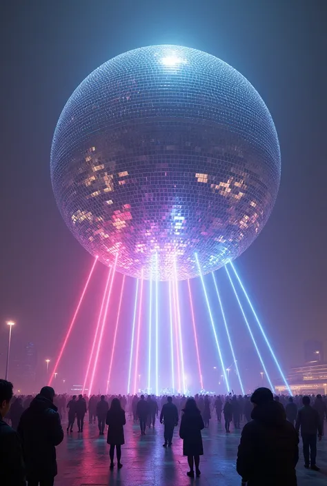 A collossal sized disco ball shooting multicolored beams of light at people