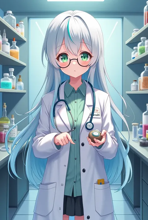 full body portrait of a shy anime girl with white and light blue hair in a doctor coat with some potions and an stethoscope around her neck, on her chest there is a small name tag with the text "Dr. Tuerknauf" on it, sie trägt eine runde Brille, shiny ligh...