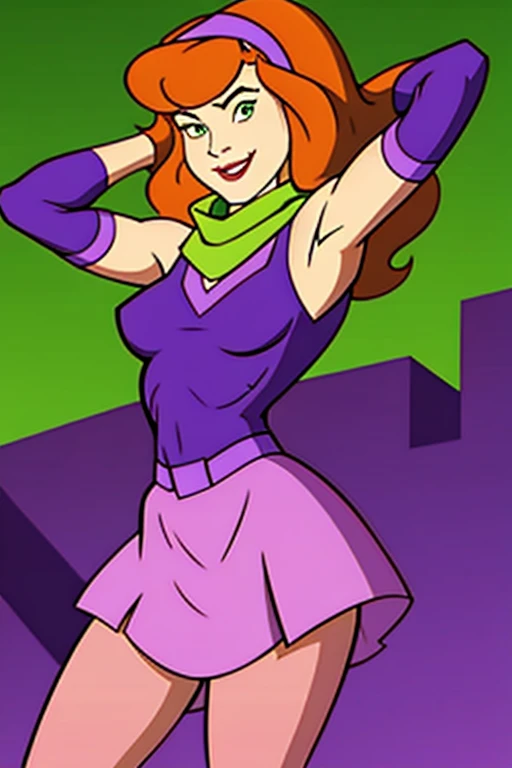 Daphne Blake, 1girl, solo, long hair, hairband, orange hair, purple mini-dress, pink pantyhose, purple shoes, and a green scarf, green eyes, seductive smile, cowboy shot, upper body, smile, looking at viewer, haunted house, score_9, score_8_up, score_7_up,...